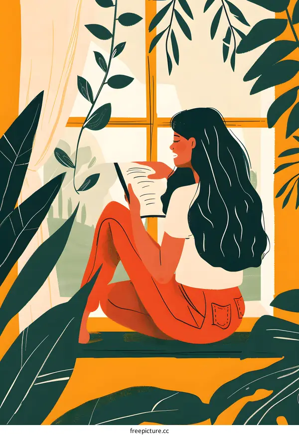 Woman Sitting by Window Reading Book in Illustration