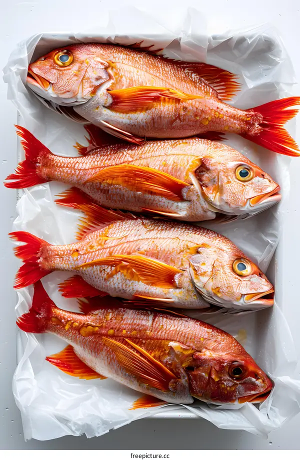 Four red snappers on a white tray