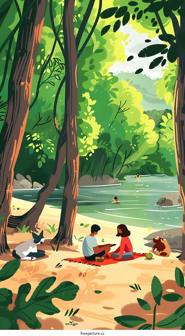 Couple Relaxing by the River on a Sunny Day