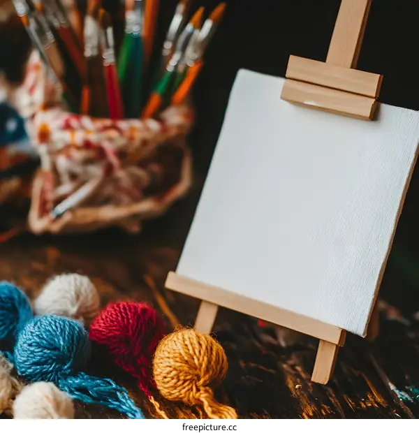 Blank Canvas With Paintbrushes and Yarn Balls