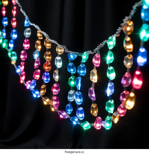 Colorful Beaded Curtain Lights Against Black Background