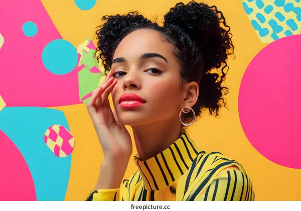 Portrait of Young Black Woman Wearing Yellow Striped Shirt with Curly Hair