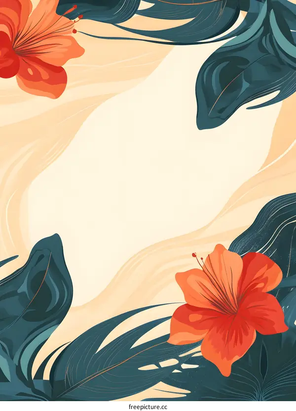 Tropical Floral Background With Orange Flowers And Green Leaves
