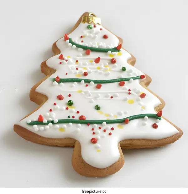 Christmas Tree Gingerbread Cookie Decorated with Green and Red Icing