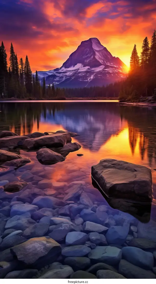 Tranquil Mountain Sunset Overlooking the Lake and Rocky Shore