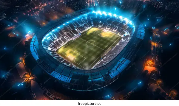 Aerial View of a Modern Soccer Stadium at Night with Lights