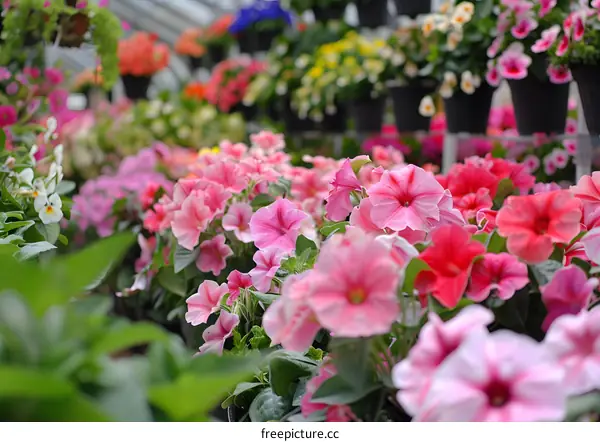 Pink and Red Petunias in a Garden Center