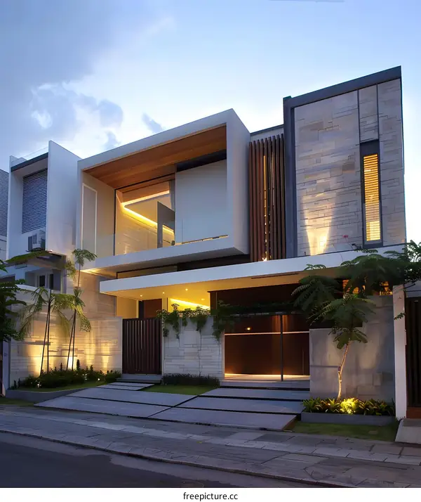 Modern Minimalist Home with Stone Facade and Wooden Accents