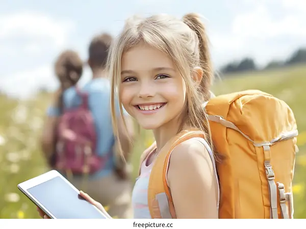 Smiling Girl with Backpack Exploring Nature