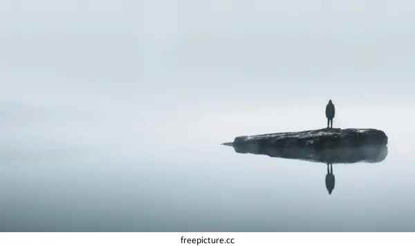 Man standing alone on a rock in the middle of a foggy lake