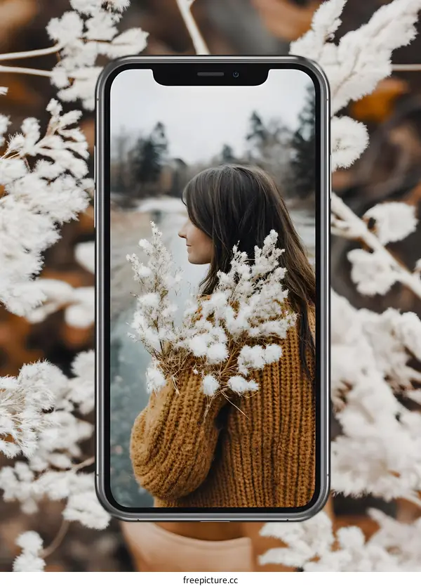 Woman Holding Flowers in Phone Screen with Blurred Background