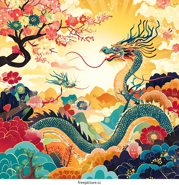 Chinese Dragon Illustration with Flower Background