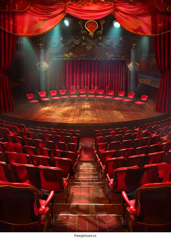 Empty Stage with Red Curtains and Seats