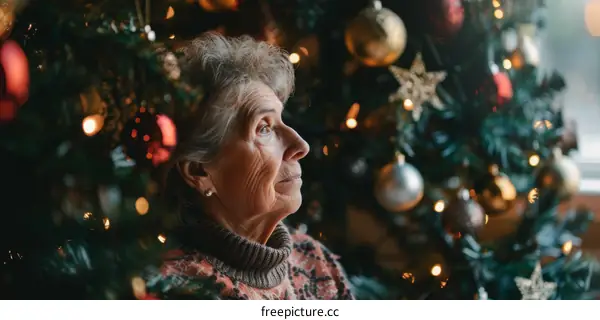 Elderly woman looking at Christmas tree
