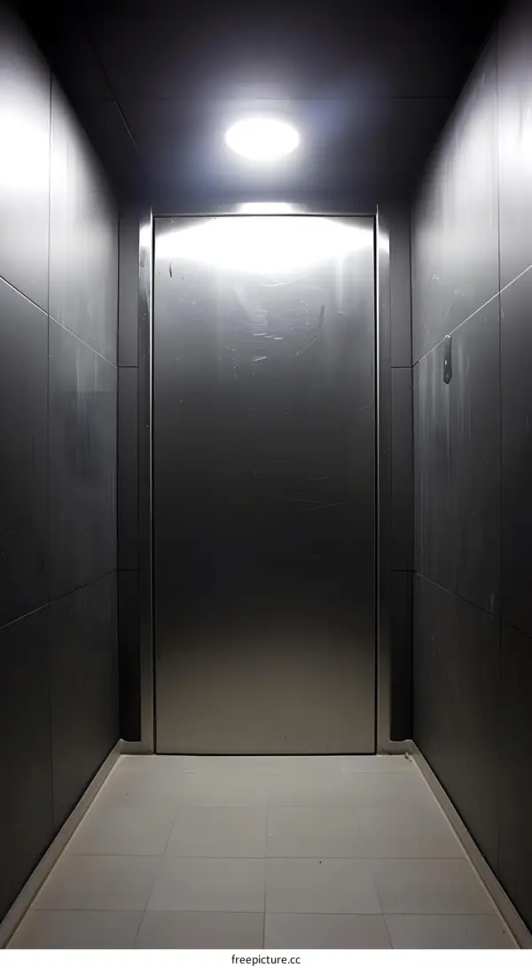 Metal Doorway with White Ceiling Light in a Dark Room