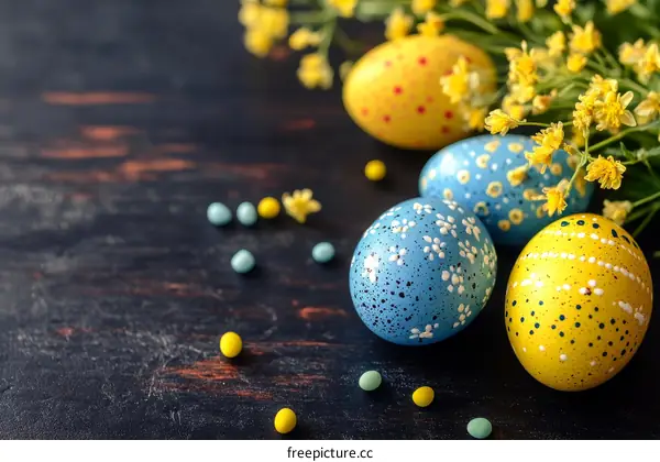 Easter Eggs Decorated on Dark Wooden Background