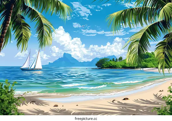 Tropical Beach Landscape with Sailboat and Palm Trees
