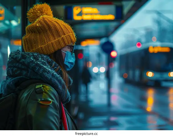 A woman wearing a yellow beanie and a mask is waiting for the bus