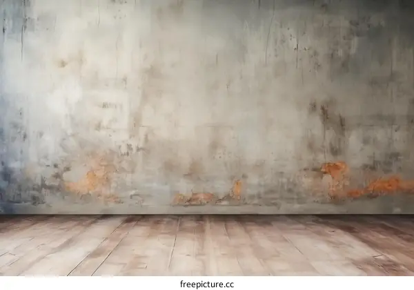 Old worn out concrete wall with wooden floor