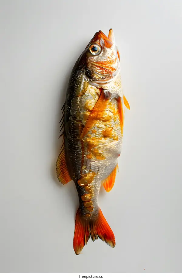 A red fish lies on a white table
