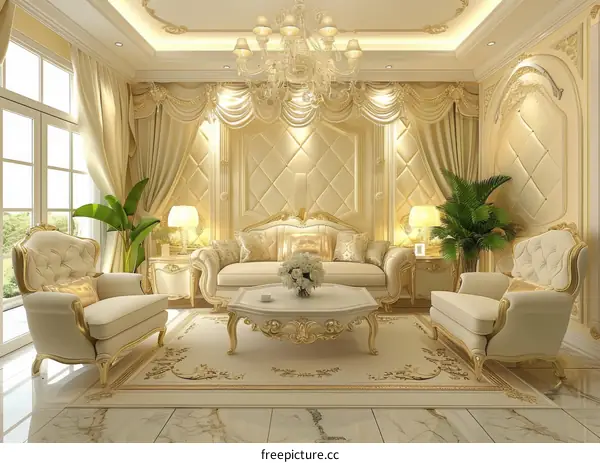 Luxurious Living Room with Opulent Golden Decor and Marble Floor