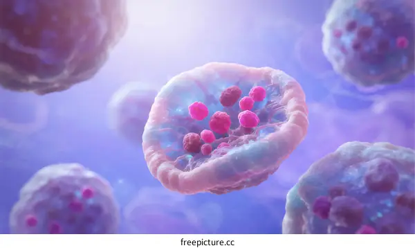 Human White Blood Cell with Pink Granules in Purple Background