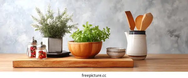 Kitchen Utensils and Spices on Wooden Tabletop