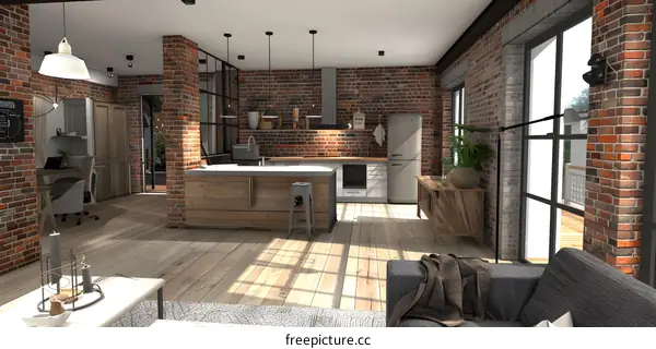 Modern Industrial Loft Apartment Kitchen Design With Exposed Brick Walls