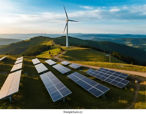 Solar panels and wind turbines on mountain landscape