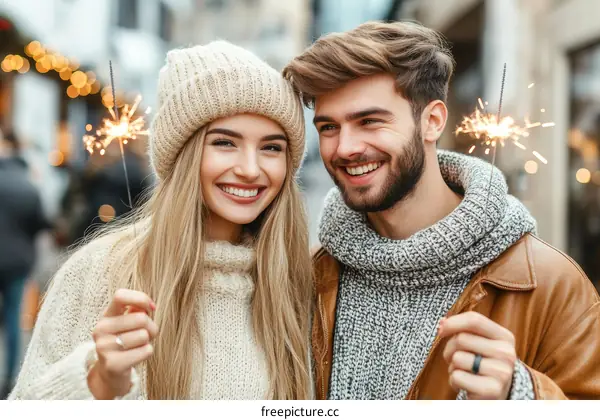 Couple Holding Sparkler Outdoor Winter Scene