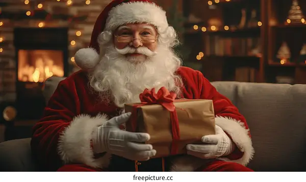 Santa Claus holding a gift at home for Christmas