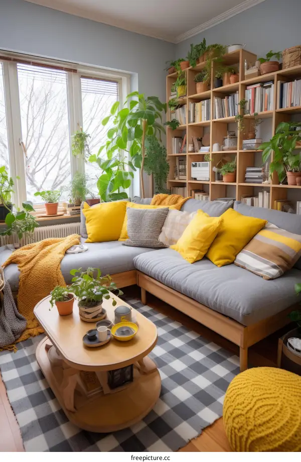 Cozy Living Room with Large Sofa, Plants, and Natural Light