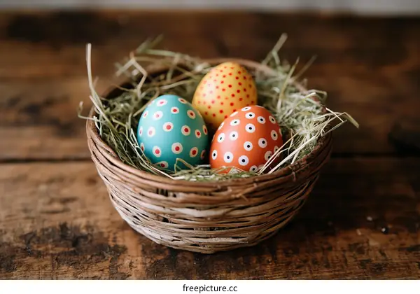 Colorful Easter Eggs in a Rustic Basket