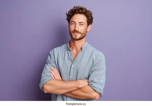Confident Caucasian Man Portrait Against Purple Background