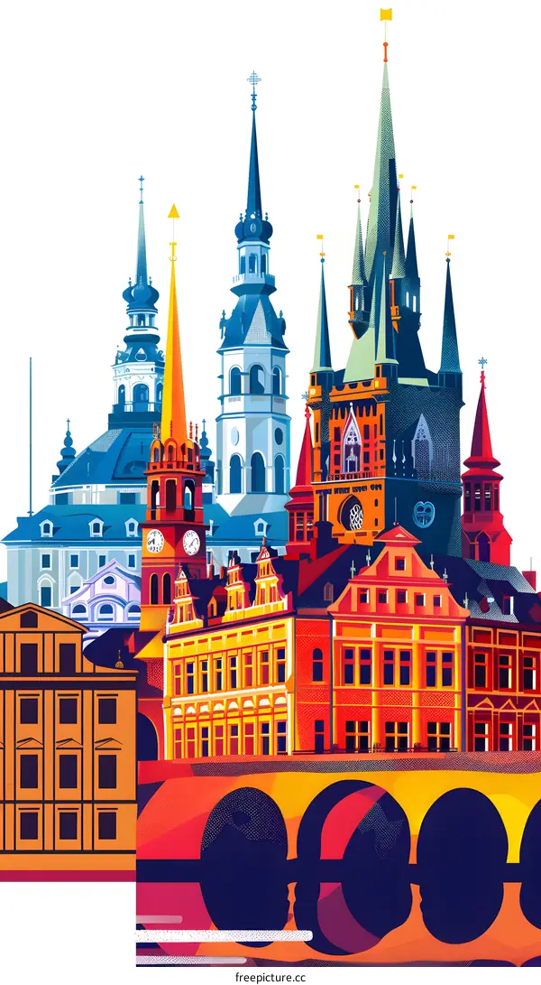 Colorful Illustration of Prague Cityscape with Tall Towers and Buildings