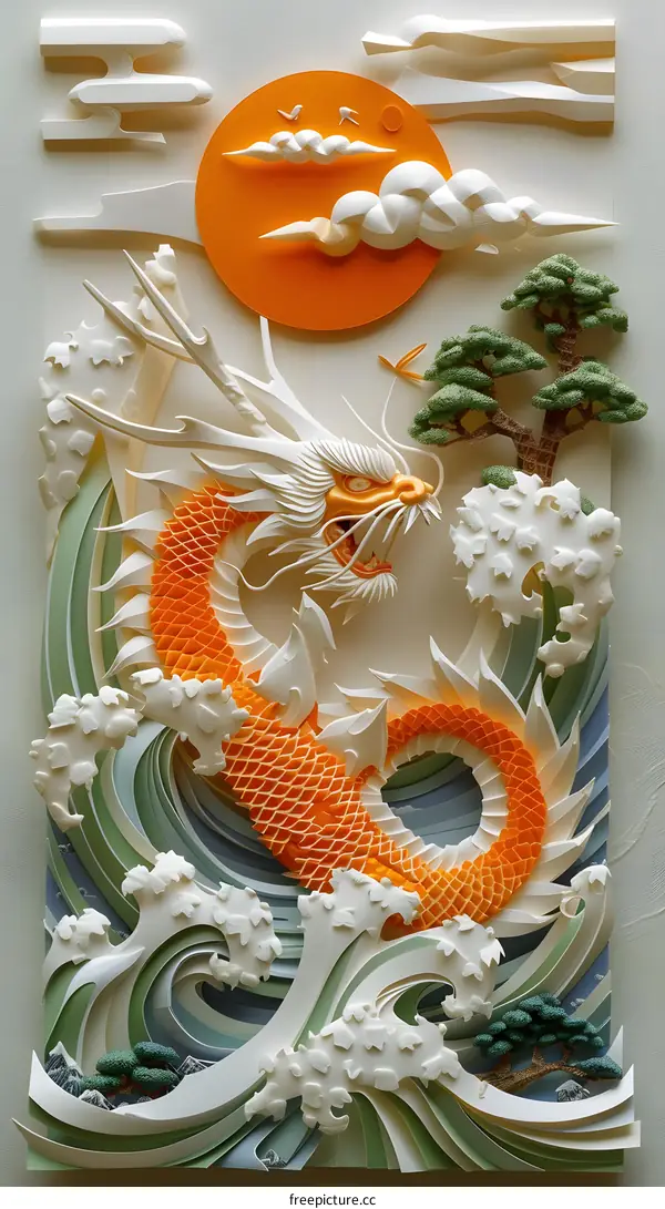 A 3D illustration of a white and orange paper cut dragon emerging from the ocean waves with a red sun and Mount Fuji in the background