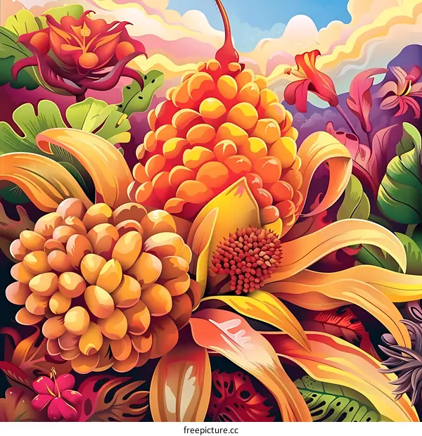 Tropical Flowers Illustration With Orange And Yellow Colors