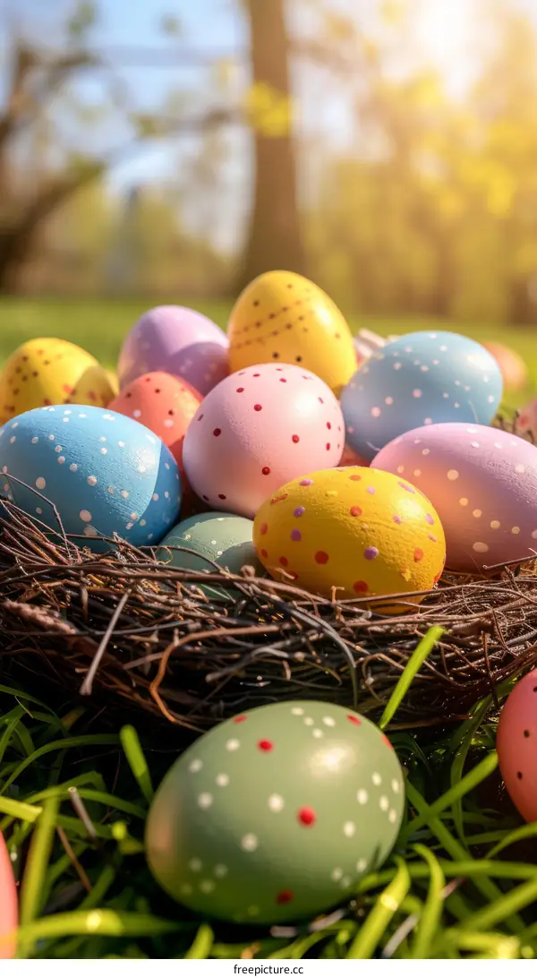 Colorful Easter Eggs in a Nest on Green Grass