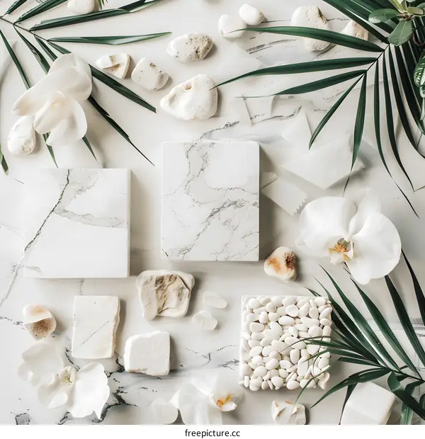 White Marble and Green Leaf Background