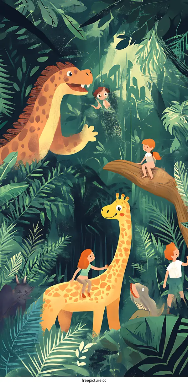 Children Playing With Animals In The Jungle Illustration