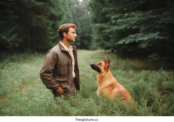 Man and German Shepherd in Forest Setting