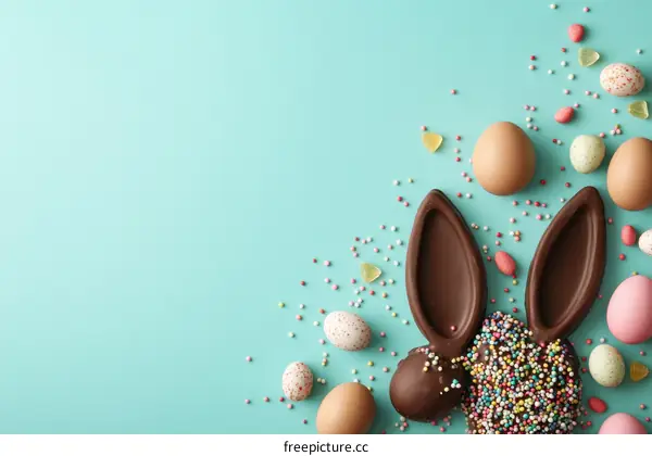 Chocolate Easter Bunny with colorful sprinkles and eggs