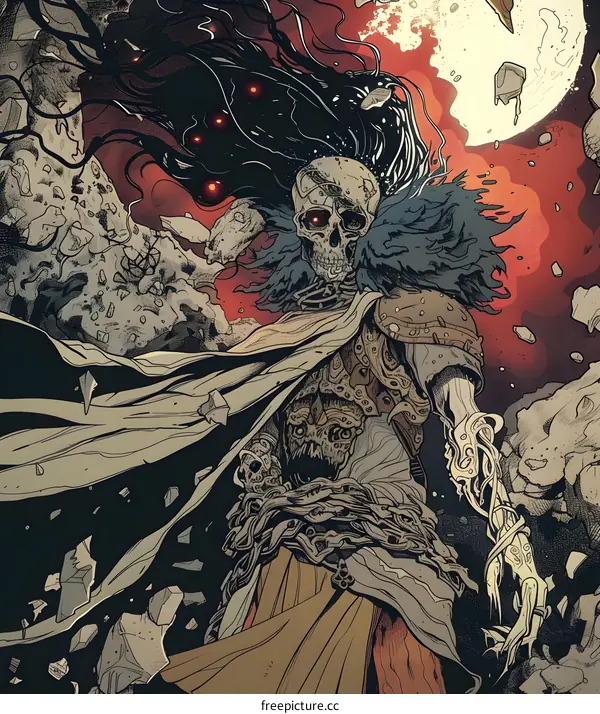 Dark Fantasy Illustration Of A Skeleton With Long Black Hair