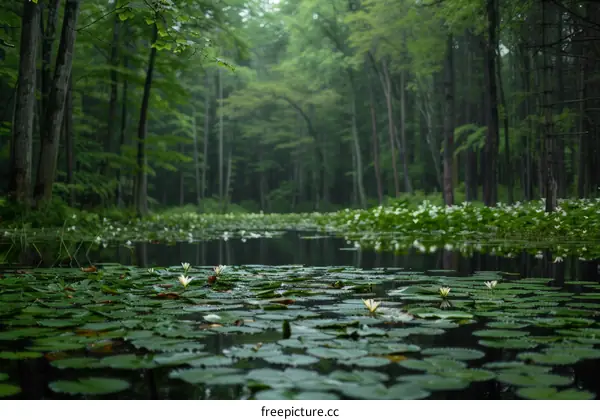 Mystical pond in the middle of a lush green forest
