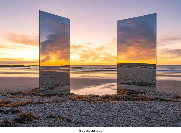 Reflective Panels on the Beach at Sunrise