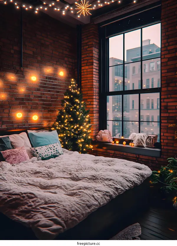 Christmas Decorated Bedroom with Brick Wall and Window View
