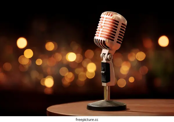 Vintage Microphone on a Wooden Table in a Nightclub