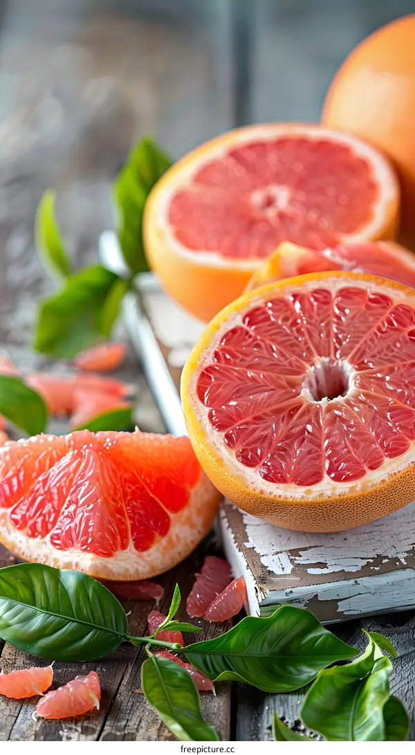 Fresh Grapefruit Slices and Leaves on Wooden Table