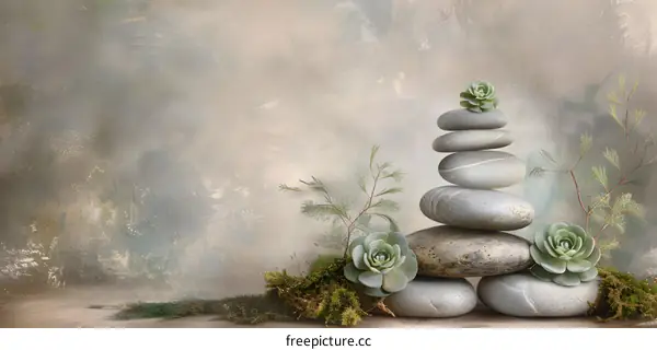 Zen Stones with Succulents and Greenery on a Textured Background