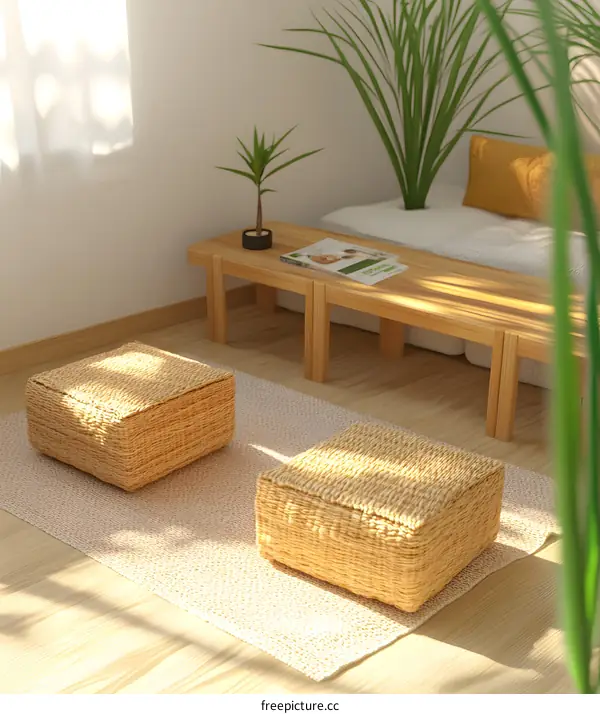 Modern Minimalist Living Room Interior Design with Woven Cushions and Natural Light